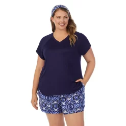 Plus Size Cuddl Duds 3-pc. V-Neck Pajama Top, Pajama Boxer Shorts & Headband Sleep Set
